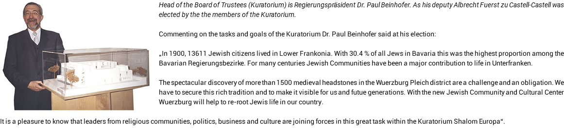 ﷯Head of the Board of Trustees (Kuratorium) is Regierungspräsident Dr. Paul Beinhofer. As his deputy Albrecht Fuerst zu Castell-Castell was elected by the the members of the Kuratorium. Commenting on the tasks and goals of the Kuratorium Dr. Paul Beinhofer said at his election: „In 1900, 13611 Jewish citizens lived in Lower Frankonia. With 30.4 % of all Jews in Bavaria this was the highest proportion among the Bavarian Regierungsbezirke. For many centuries Jewish Communities have been a major contribution to life in Unterfranken. The spectacular discovery of more than 1500 medieval headstones in the Wuerzburg Pleich district are a challenge and an obligation. We have to secure this rich tradition and to make it visible for us and futue generations. With the new Jewish Community and Cultural Center Wuerzburg will help to re-root Jewis life in our country. It is a pleasure to know that leaders from religious communities, politics, business and culture are joining forces in this great task within the Kuratorium Shalom Europa“.